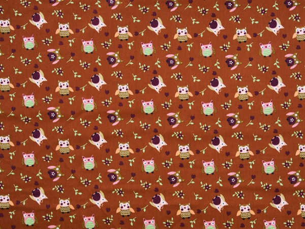 Hochwertiger Baumwollstoff terracotta✂ Druck mit süßen Eulen und Blumen ✓ hochwertig ✓  ab 0,3 Meter ✓ 1015-2