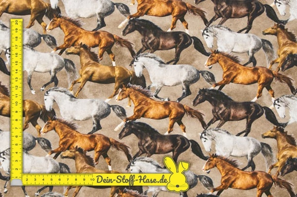Hochwertiger Baumwollstoff braun ✂ Digitaldruck mit vielen Pferden ✓ hochwertig ✓  ab 0,3 Meter ✓ 1016-3