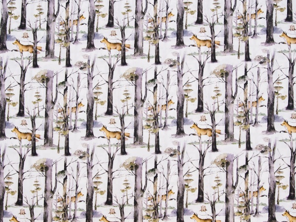 Hochwertiger Baumwollstoff weiß ✂ Digitaldruck mit Fuchs im Wald ✓ hochwertig ✓  ab 0,3 Meter ✓ 1019-2