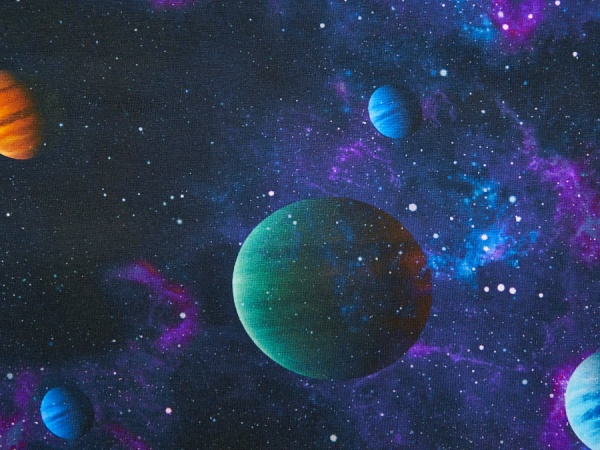 Stoff / Jersey / Baumwolljersey in der Farbe blau mit Digitaldruck Universum, Weltall, Weltraum, Planeten - 1010-1