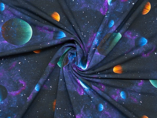 Stoff / Jersey / Baumwolljersey in der Farbe blau mit Digitaldruck Universum, Weltall, Weltraum, Planeten - 1010-4