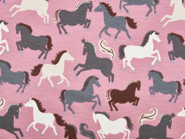 Stoff / Jersey / Baumwolljersey rosa mit Pferden in verschiedenen Farben - 1024-1