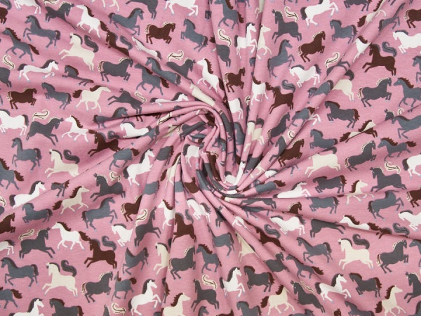 Stoff / Jersey / Baumwolljersey rosa mit Pferden in verschiedenen Farben - 1024-4