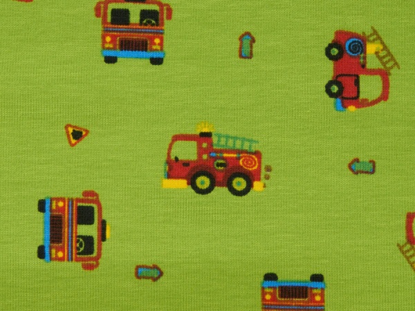 Stoff / Jersey / Baumwolljersey in grün mit roten Feuerwehrautos - 1025-1