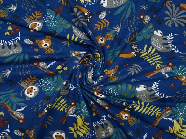 Hochwertiger Baumwolljersey ✂ blau mit Motiven aus Urwald, Jungle, Tiger, Affen, Faultier, Pflanzen 1036-4