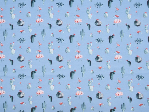 Hochwertiger Baumwolljersey ✂  hellblau mit Kaktus / Kakteen. Hohe Qualität ✓ kuschelig ✓ elastisch ✓ knitterarm ✓ 1014-1