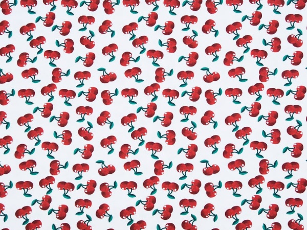 Hochwertiger Baumwolljersey ✂ weiß mit vielen roten Kirschen. Hohe Qualität ✓ kuschelig ✓ elastisch ✓ knitterarm ✓ 1044-2