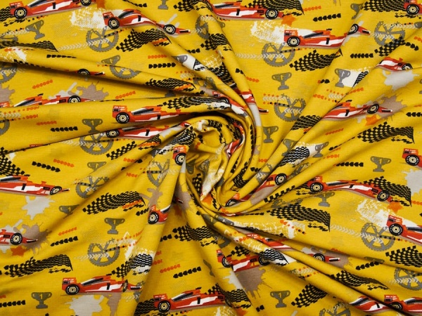Hier kaufen: Hochwertiger Baumwoll-Sweatshirt ✂ gelb mit rotem Rennauto und Rally Motiven. Hohe Qualität ✓ kuschelig ✓ elastisch ✓ knitterarm ✓ -4