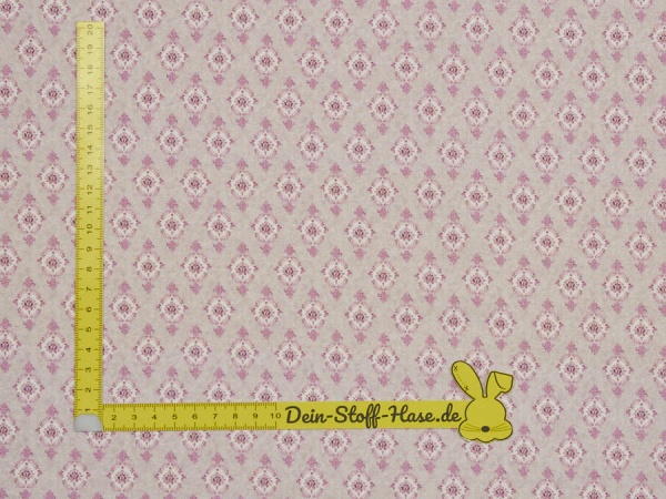 Trachtenstoff sandfarben meliert mit filigranem Ornament in rosa und weiß 1004