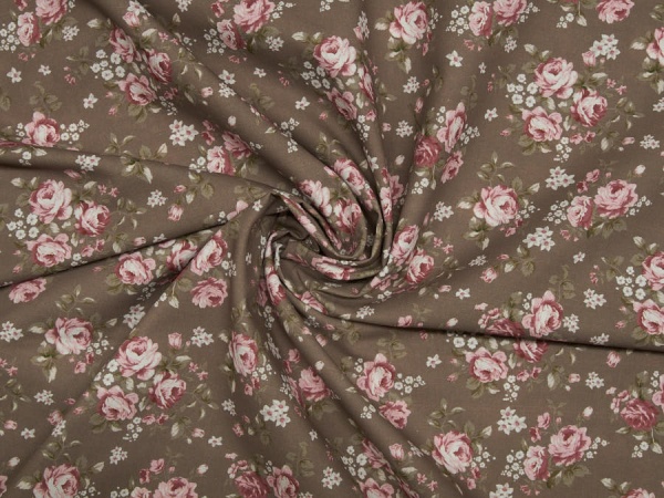 Dirndlstoff taupe, klassisch, mit rote Rosen, weiße Blumen 1002