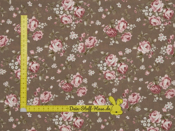 Dirndlstoff taupe, klassisch, mit rote Rosen, weiße Blumen 1004