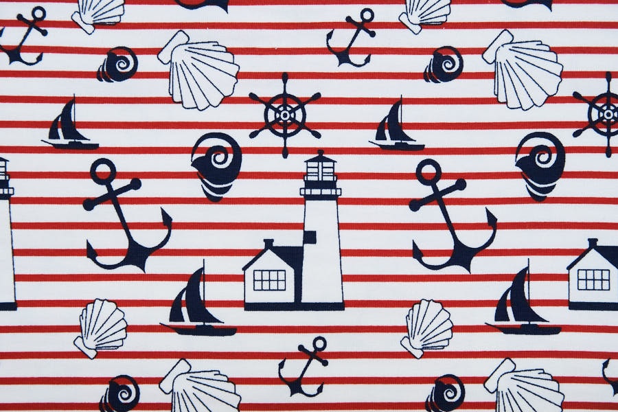 Stoff / Jersey / Baumwolljersey in weiss, gestreift und mit maritimen Mustern wie Anker, Leuchtturm, Muscheln, Segelschiff - 1026-1