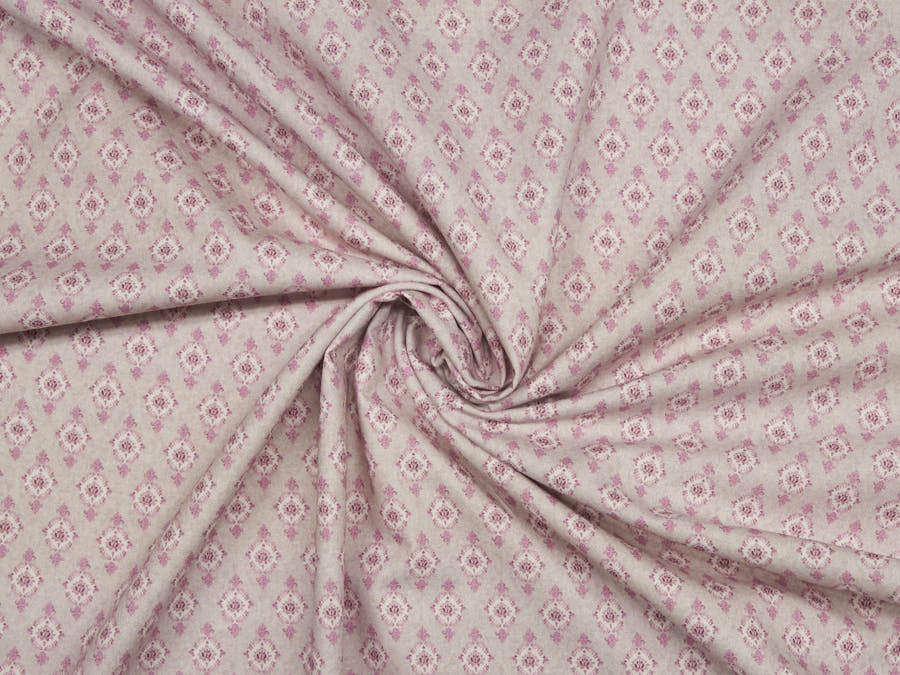 Trachtenstoff sandfarben meliert mit filigranem Ornament in rosa und weiß 1002