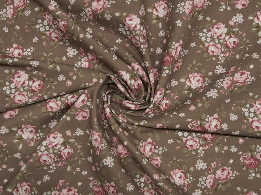 Dirndlstoff taupe, klassisch, mit rote Rosen, weiße Blumen 1002