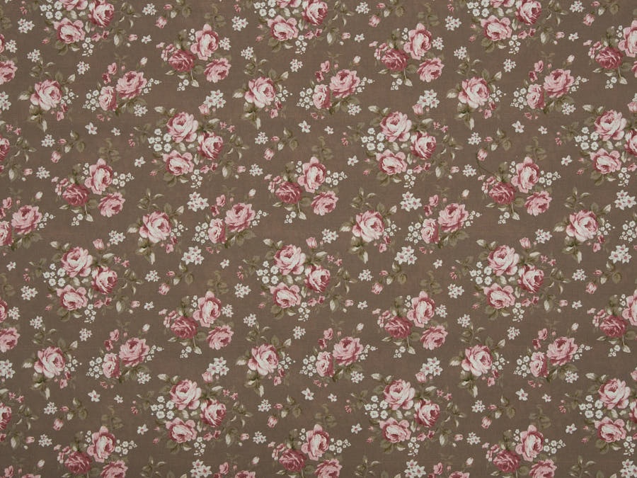 Dirndlstoff taupe, klassisch, mit rote Rosen, weiße Blumen  1003